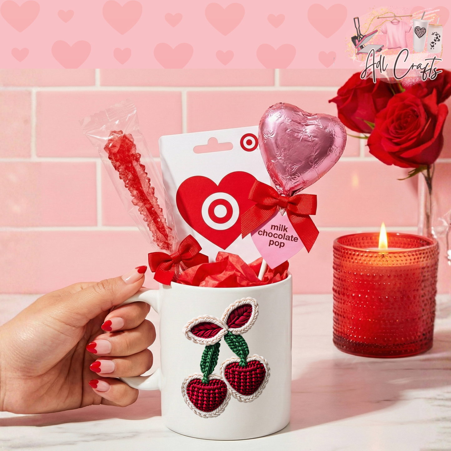 Cherry yarn valentines Uv Dtf Decal