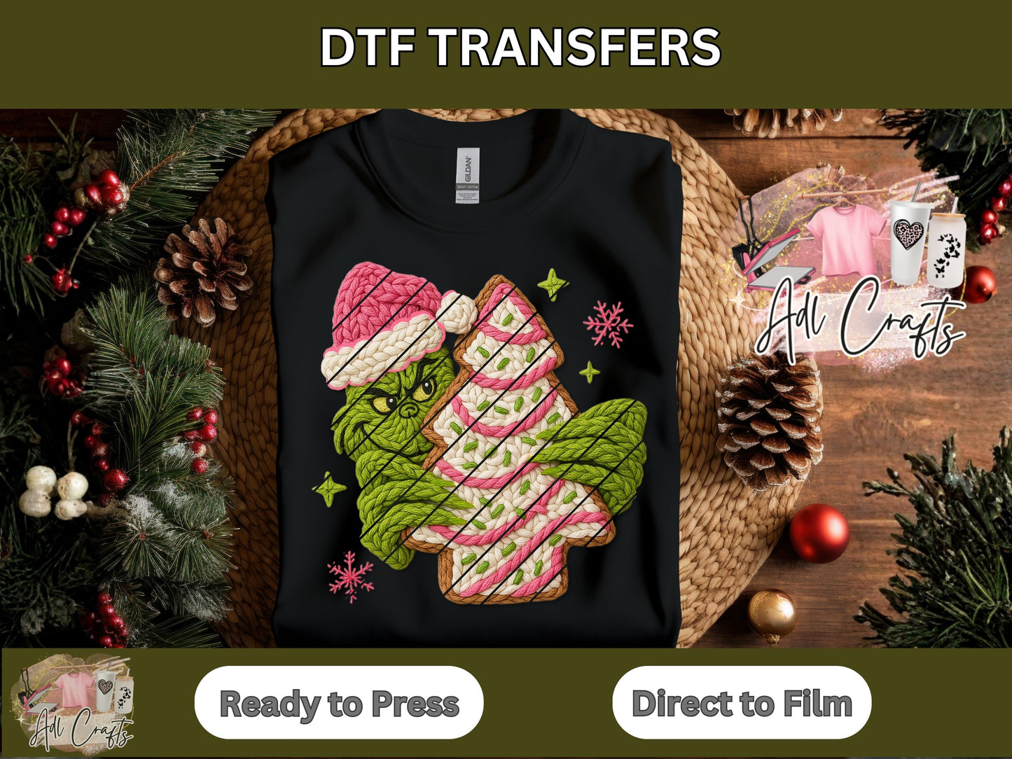 Crochet Green tree cookie Christmas Christmas DTF Transfer.