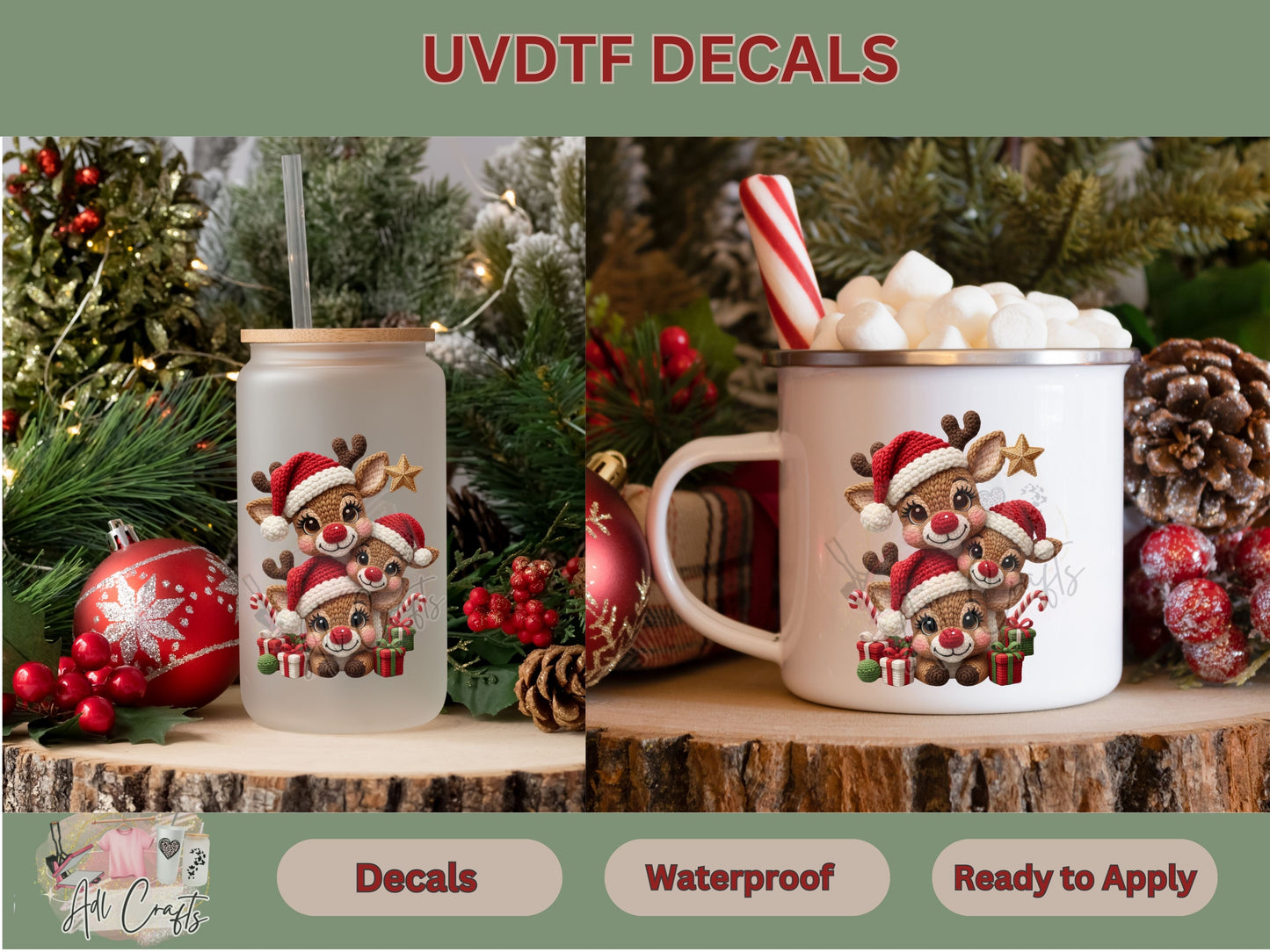 Crochet reindeer Uv Dtf Decal Christmas