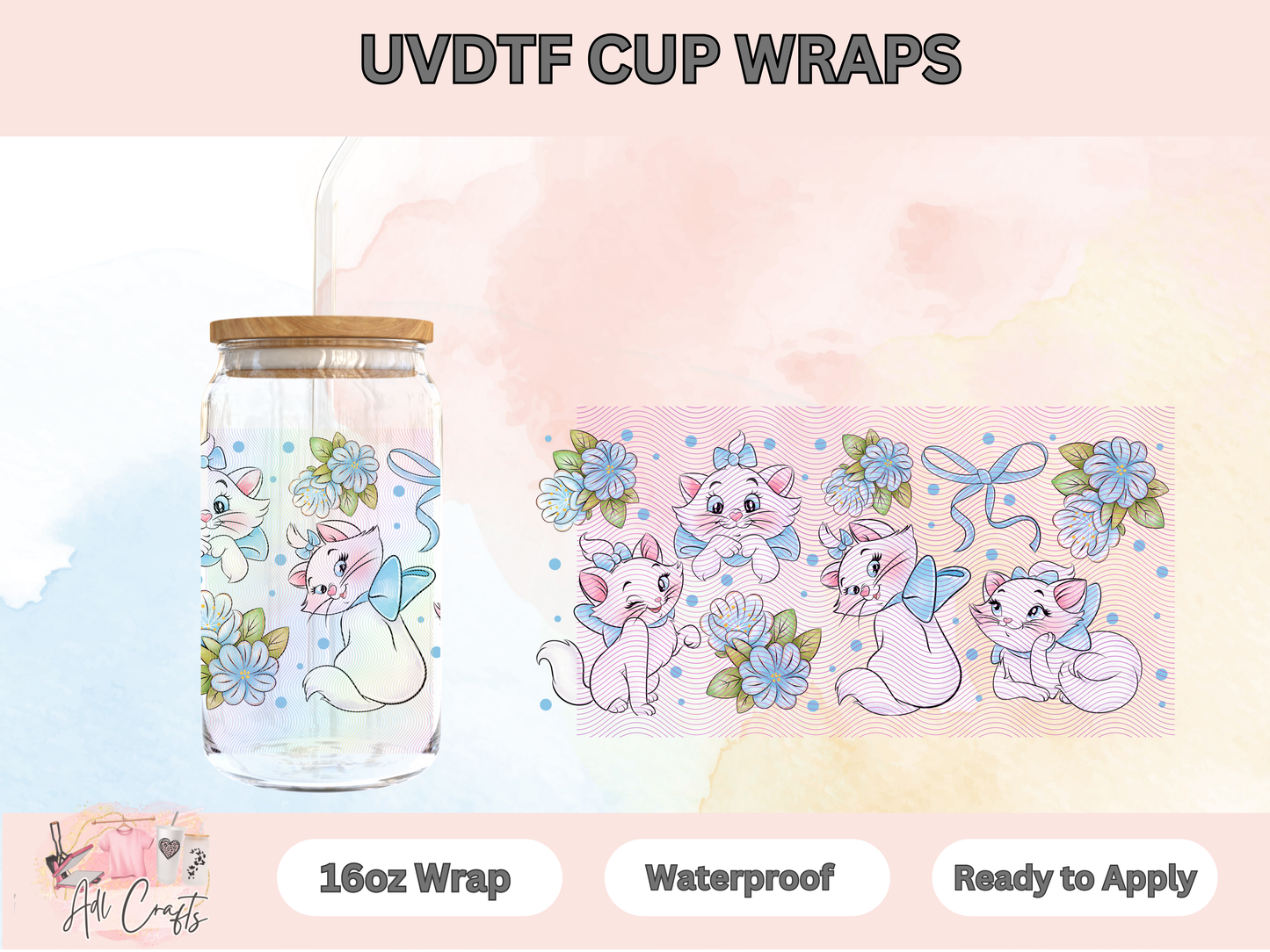 Blue Ribbon Cat Watercolor Uv Dtf Wraps