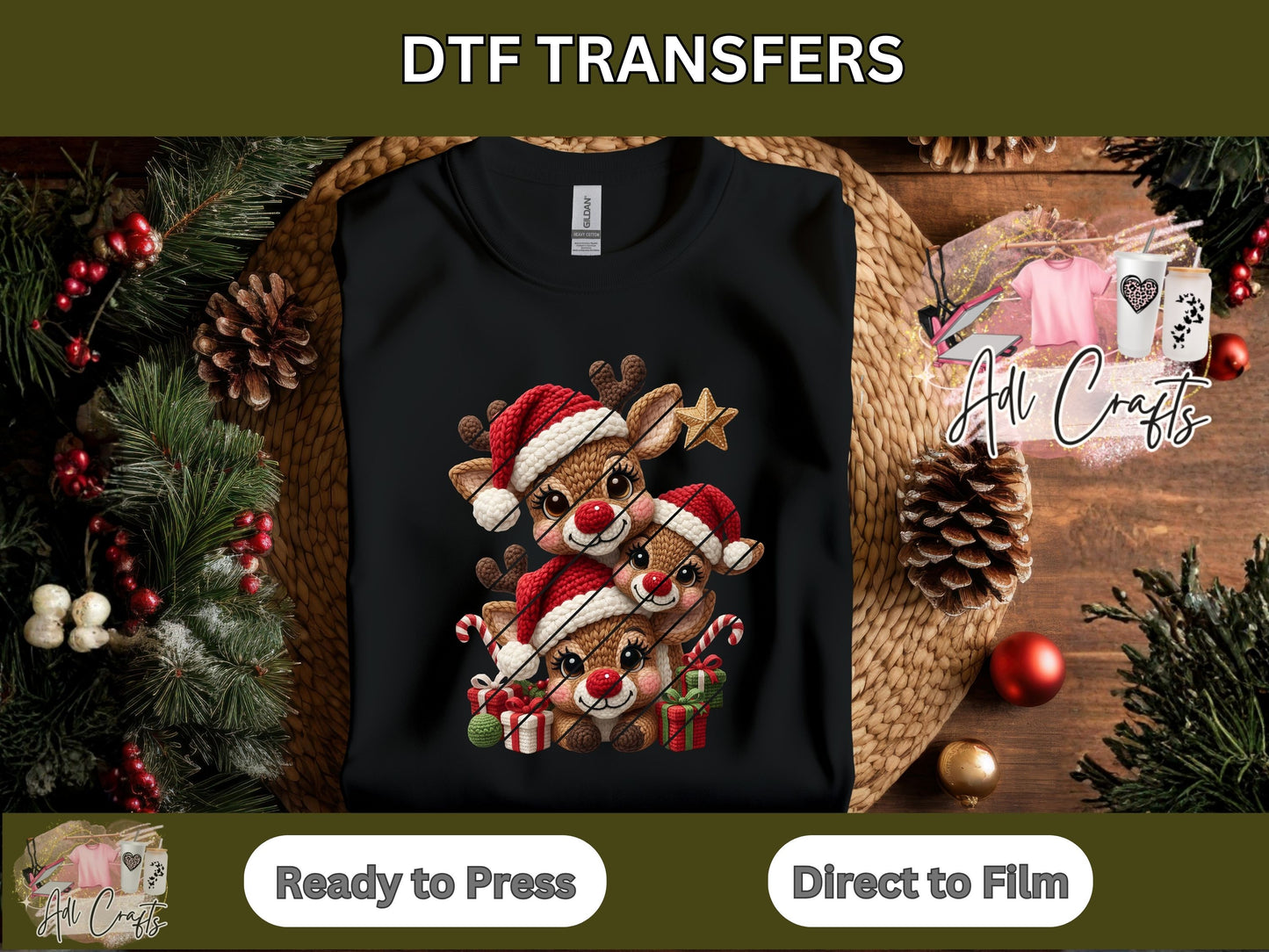 Crochet Cute Reindeers Christmas Christmas DTF Transfer.