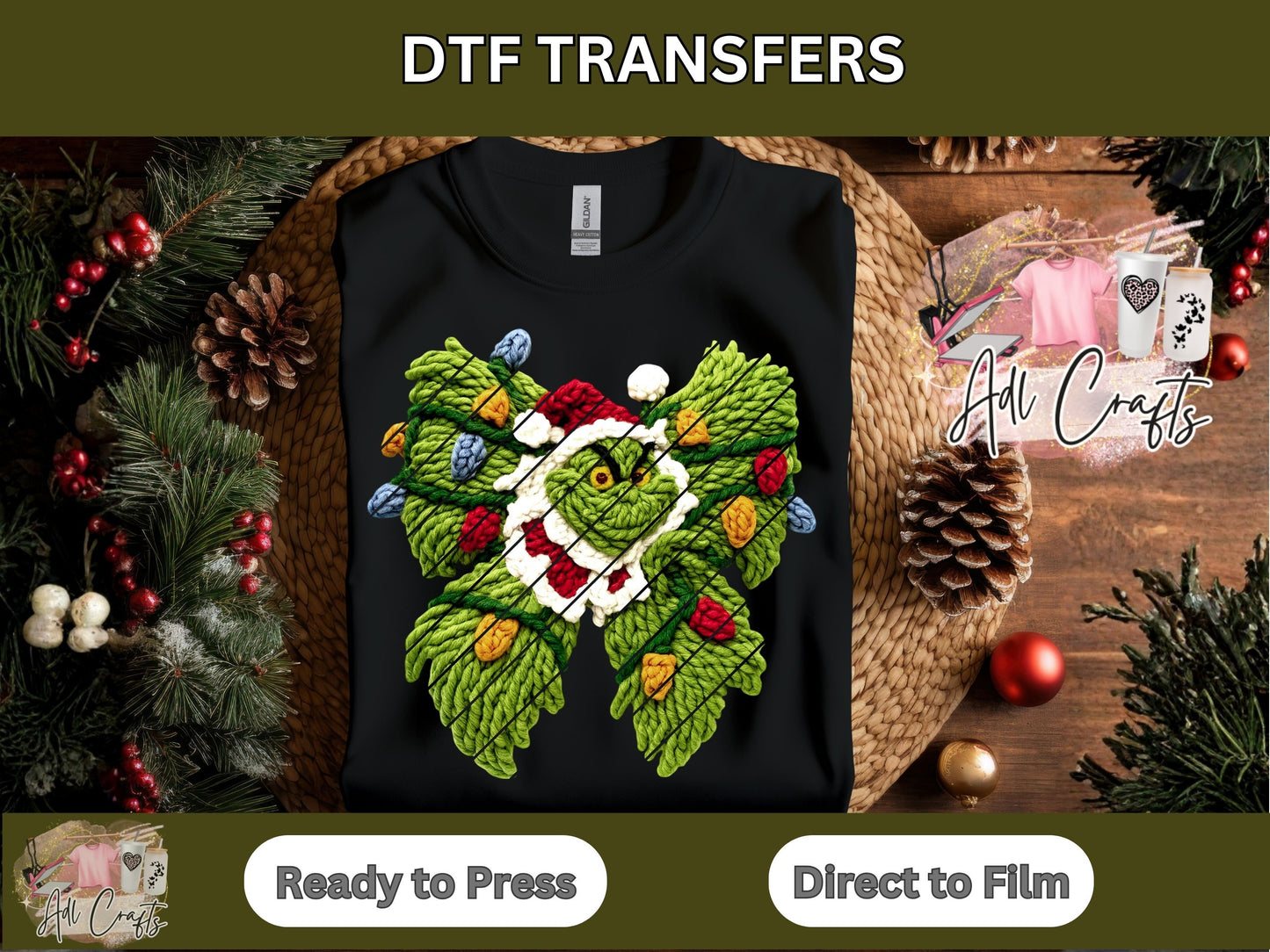 Crochet Bow Grinch Christmas Christmas DTF Transfer.