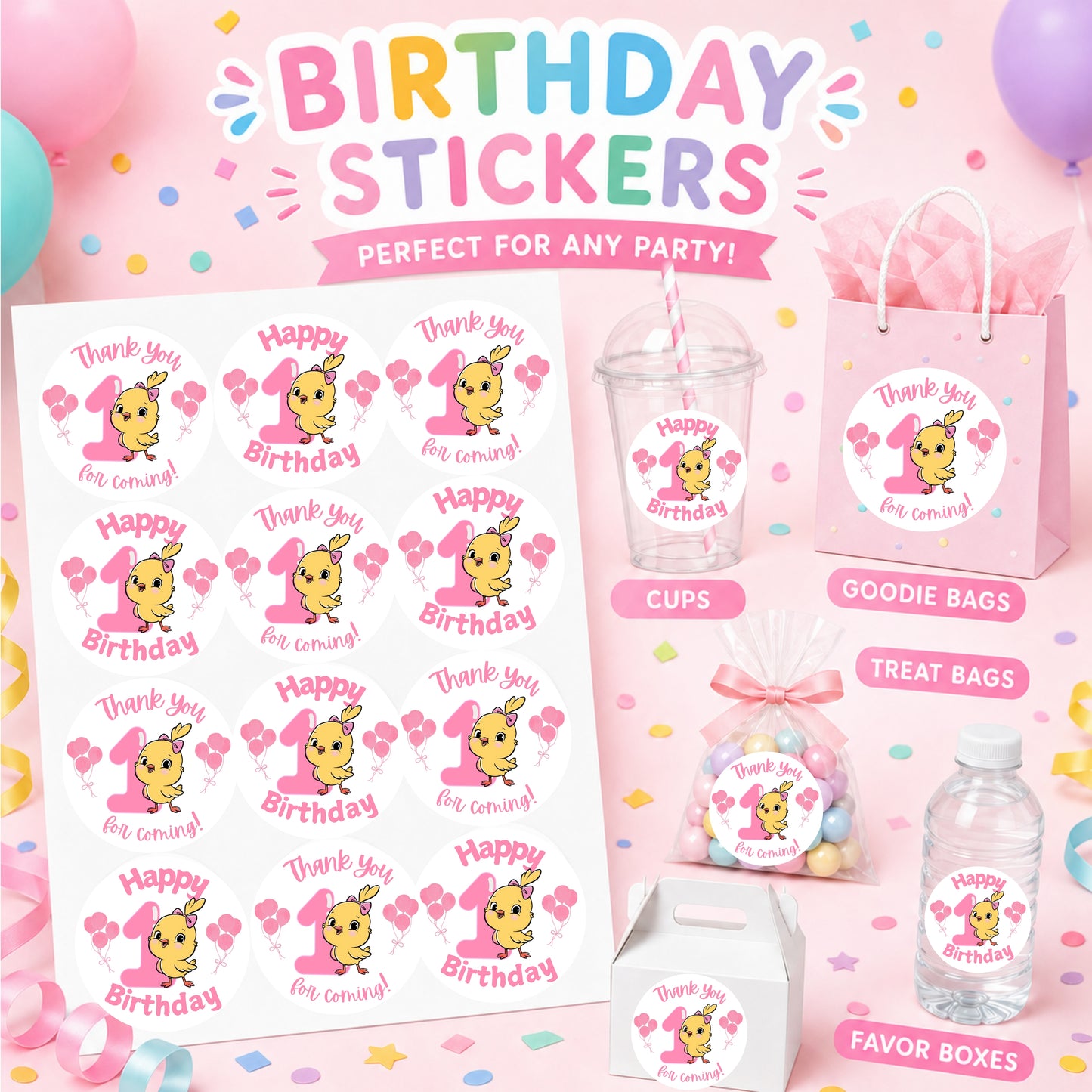 First Birthday Cantico Pink Stickers