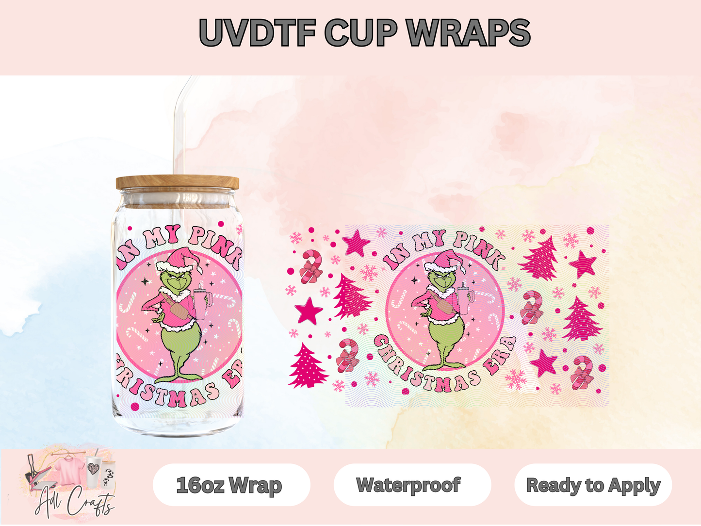 Uv Dtf Christmas Pink Grinch cup wrap #49