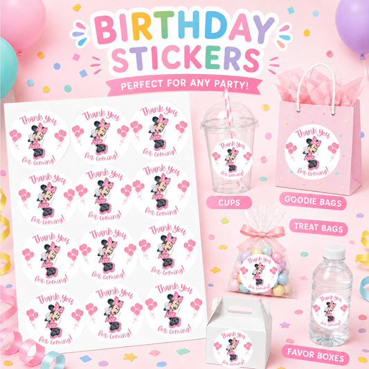 Pink girl Mouse Birthday Stickers