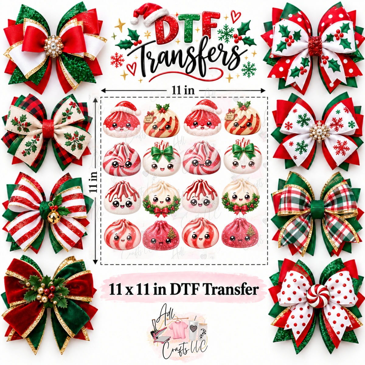 Dumplings Christmas Red White DTF Bow Transfer