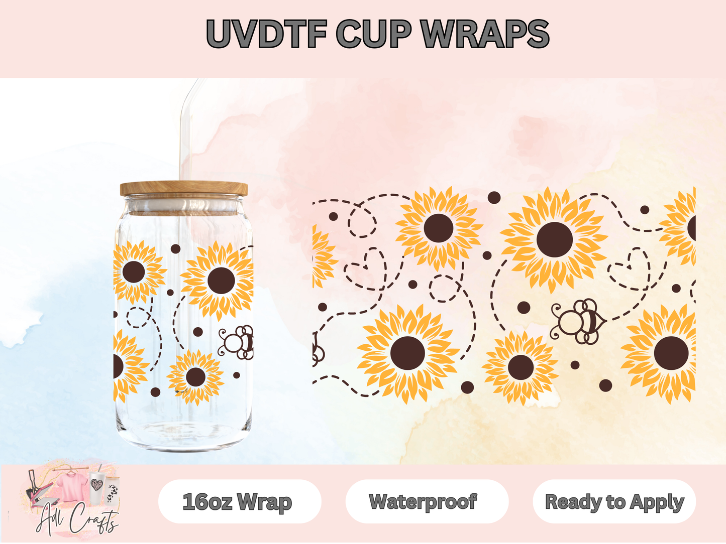 UVDTF WRAPS Valentines Sunflower Bee hearts